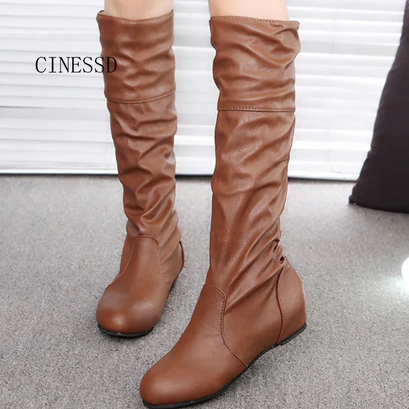 

Size12 worm women boots knee-high boots fashion Internally increased heel color pleated high casual Man-made leather boots shoes