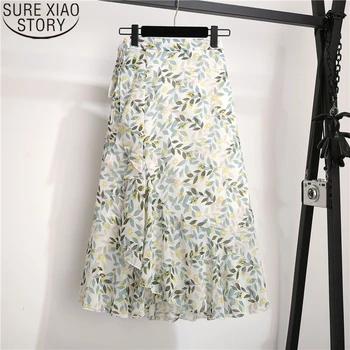 

Jupe Femme Solid Women Lace-up Lotus Leaf Beach Vintage Chiffon Skirts Summer Fishtail Floral Midi Skirts Irregular Skirt 10232