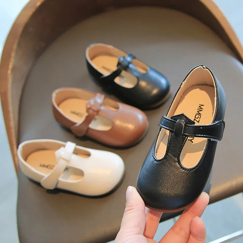 Spring Autumn Kids T Strap Leather Shoes White Girls Princess Shoes Black Children Mary Janes