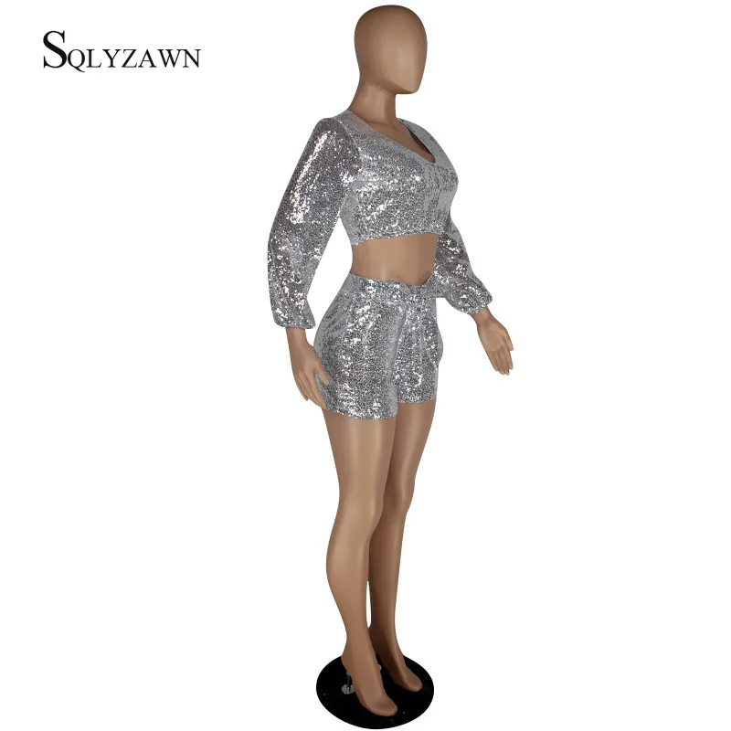 Summer Autumn Glitter Sequin Two Piece Short Set for Women Matching Sets Night Club Long Sleeve Crop Top 2 Pcs Trendy Outfits