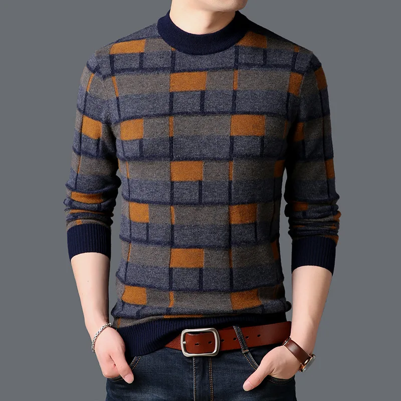 

Merino Wool Sweater Men Knit wear Plaid O-Neck Mens Pullover Winter Thick Warm Soft Cashmere Sweaters Knitting