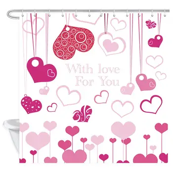 

Heart Pattern Shower Curtain, with Love for You Font Happy Valentine Bath Curtains, Polyester Fabric Bathroom Shower Curtain