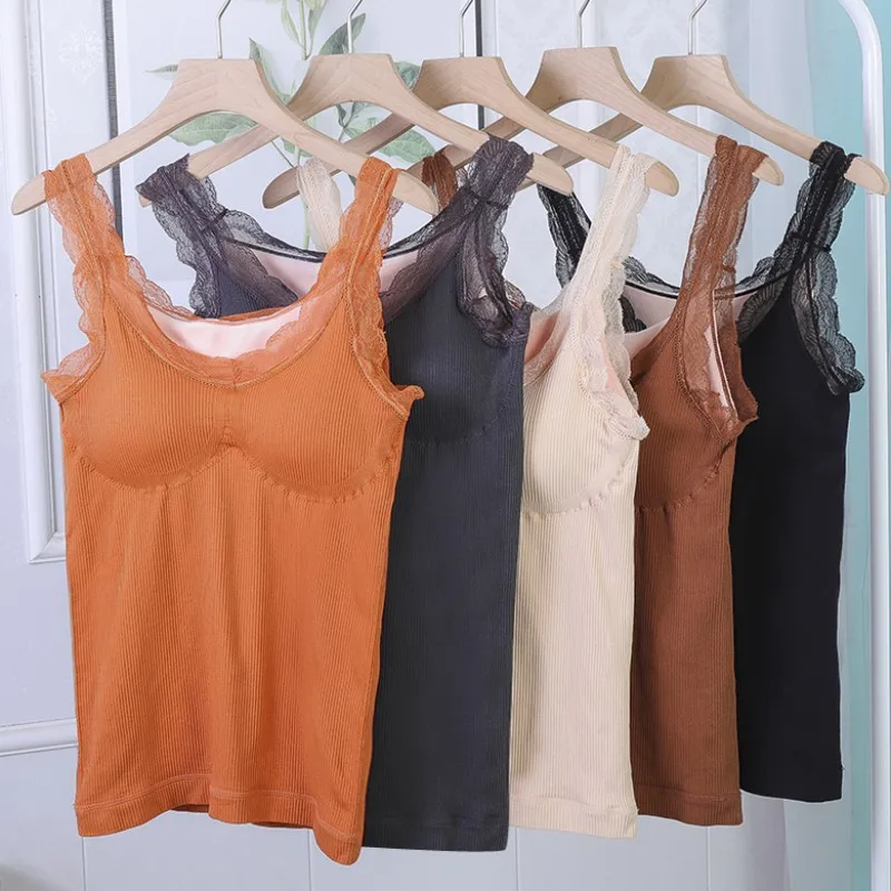 

Female Bottoming Shirt With Chest Pad Women Solid Color Women Thermal Underwear Lace Warm Vest