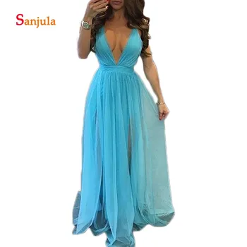 

Blue Tulle Prom Dresses A-Line Backless Deep V Neck Sexy Long Prom Gowns Cheap Graduation Dress Two Side Slit vestido gala D1416