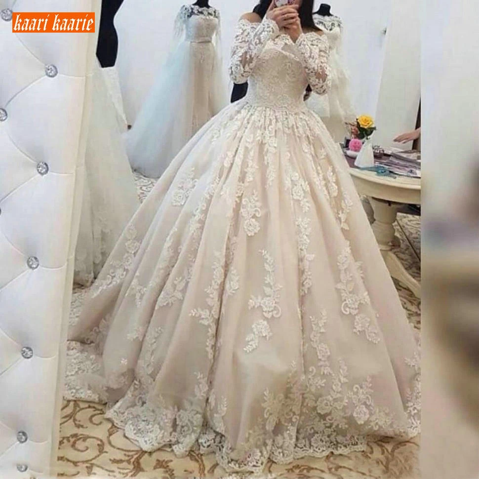 Винтаж бальное платье Boho свадебный наряд с длинными рукавами с открытыми плечами Церковь Свадебные платья индивидуального пошива сделано Свадебная Кружевная аппликация платье