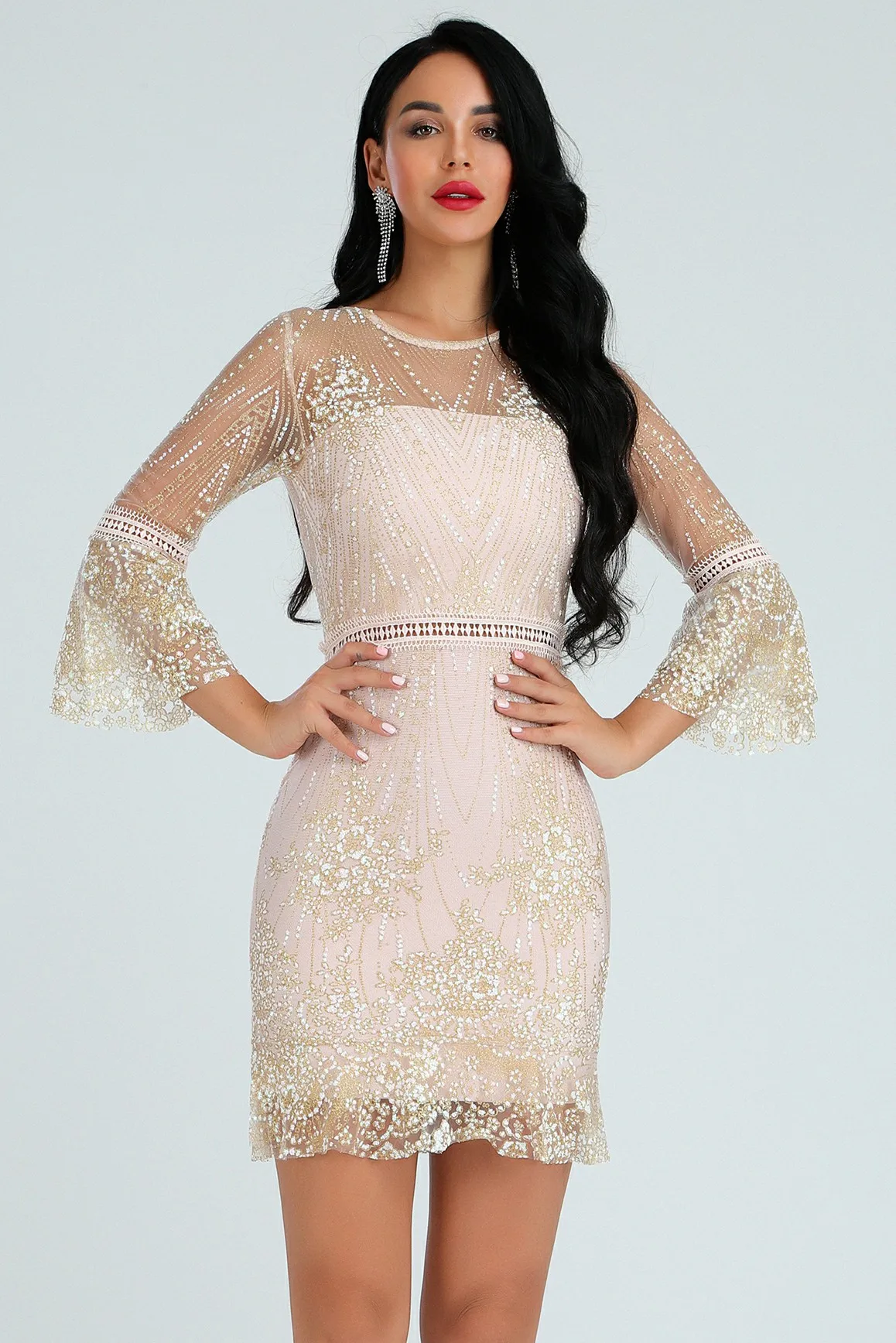 

2019 New Fashion Black and Beige Elegant O-neck Long Sleeve Sexy Wholesale Celebrity Party Superior Quality Bandage Mini Dress