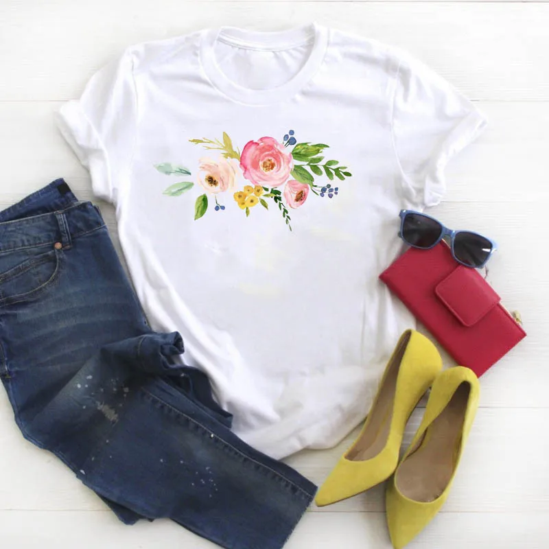 

Graphic Printed Tee Shirt Female T-shirt Women Shirt Floral Summer Wild Plant Clothes Ladies Short Sleeve White Tops