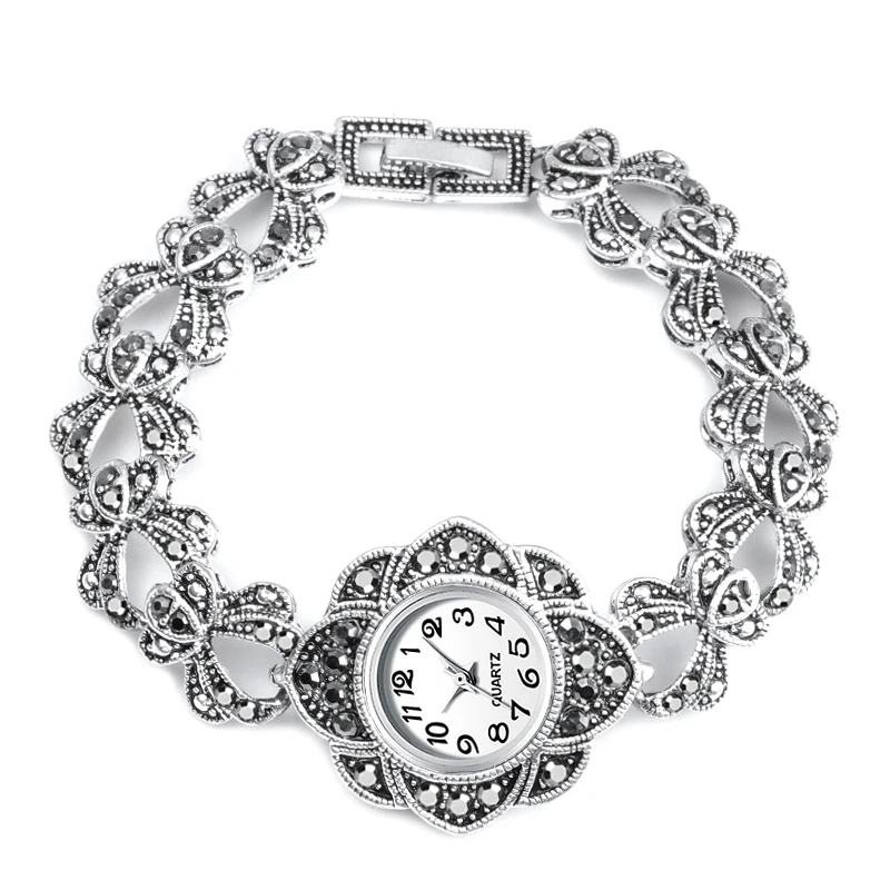 Роскошные античные серебряные наручные часы, турецкие стразы, браслет, кварцевые часы для женщин, винтажные часы, ювелирные изделия, Montre Femme