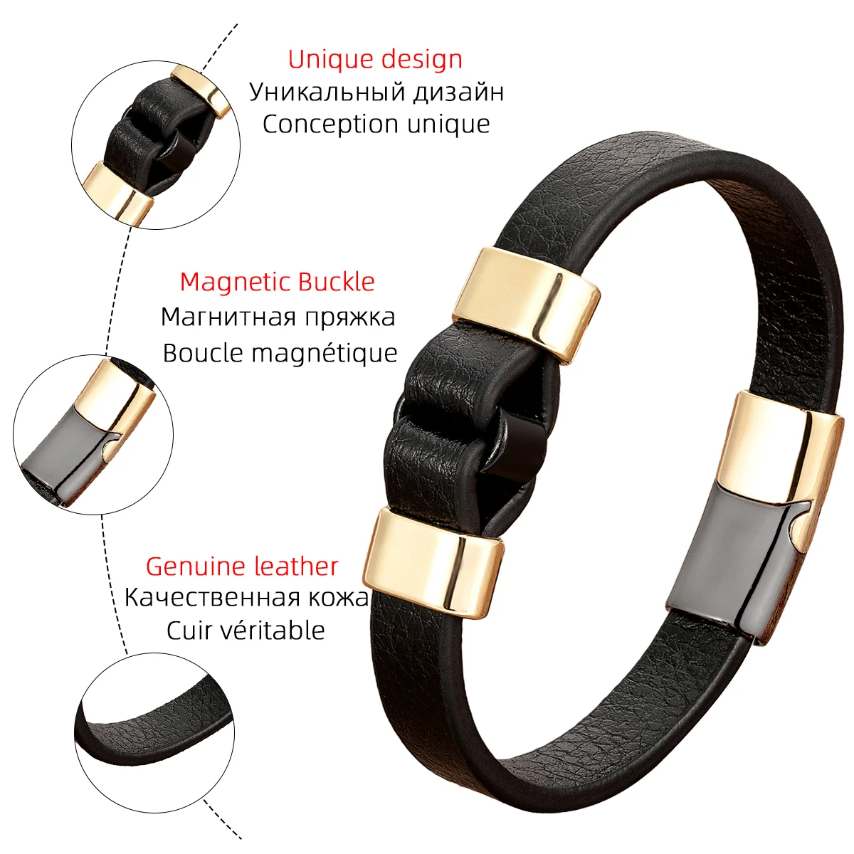 Genuine Leather Men Bracelet Charm Black Gold Color Magnetic Clasp Vintage Bangles Men's Jewelry bracelet jewelry