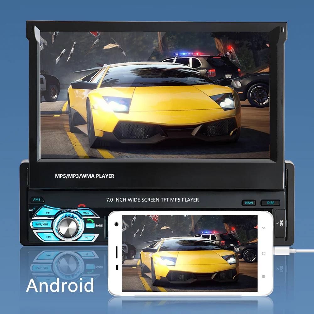 Podofo One din Car radio MP5 Player GPS Navigation Multimedia car audio stereo Bluetooth 7 HD Retractable Autoradio AUX-IN FM (6)