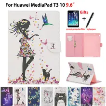 Чехол для планшета huawei MediaPad T3 10 AGS-W09 AGS-L09 AGS-L03 9," чехол Funda Мода девушка кошка Флип Стенд Капа оболочки кожи+ подарок