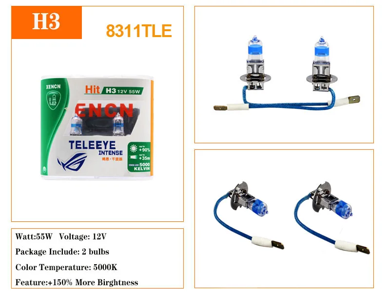 XENCN Teleeye интенсивная белая автомобильная лампа галогенная фара Замена апгрейд H1 H3 H4 H7 12v 5000k 2 шт