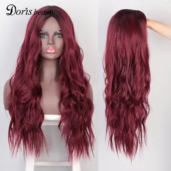 

Doris beauty Synthetic Wig For Women Middle Part Long Wave Black Blonde Red Wigs Heat Resistant Fiber Ombre Cospaly Wig