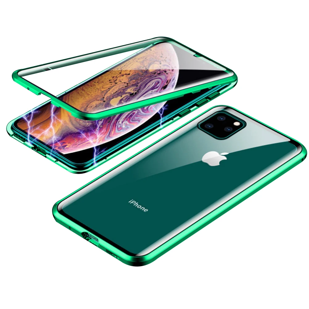 Магнитное закаленное стекло чехол для iPhone 11 Pro X XS MAX XR 8 7 металлический бампер Магнитный чехол для samsung Galaxy Note 10 S10 Plus - Цвет: Transparent Green