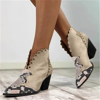 

Siddons Autumn Deep V Design Women Ankle Boots Pointed Toe Sexy Chunky High Heels Snake Prints Ladies Shoes Woman Martin Boots