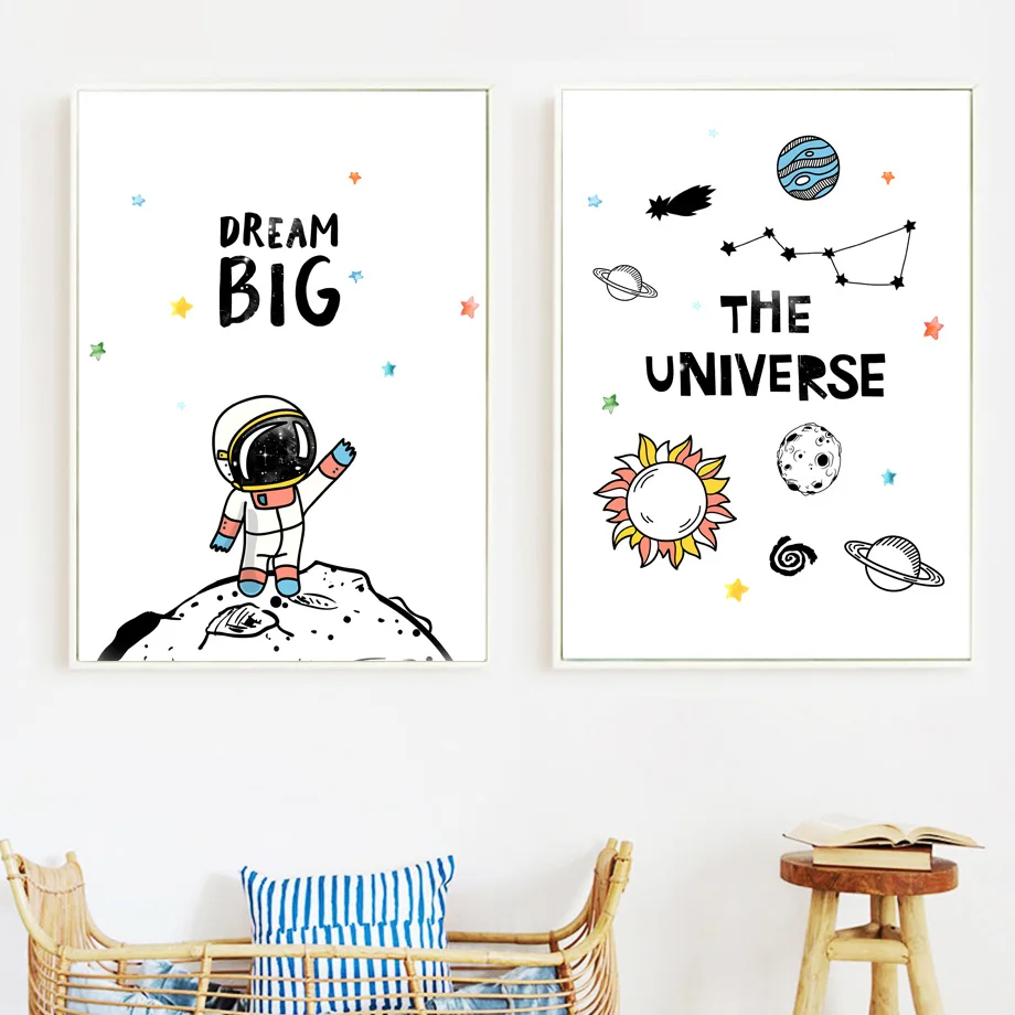 Космонавты и ракеты планета неотразимые густые Детская Wall Art Холст Картины Nordic