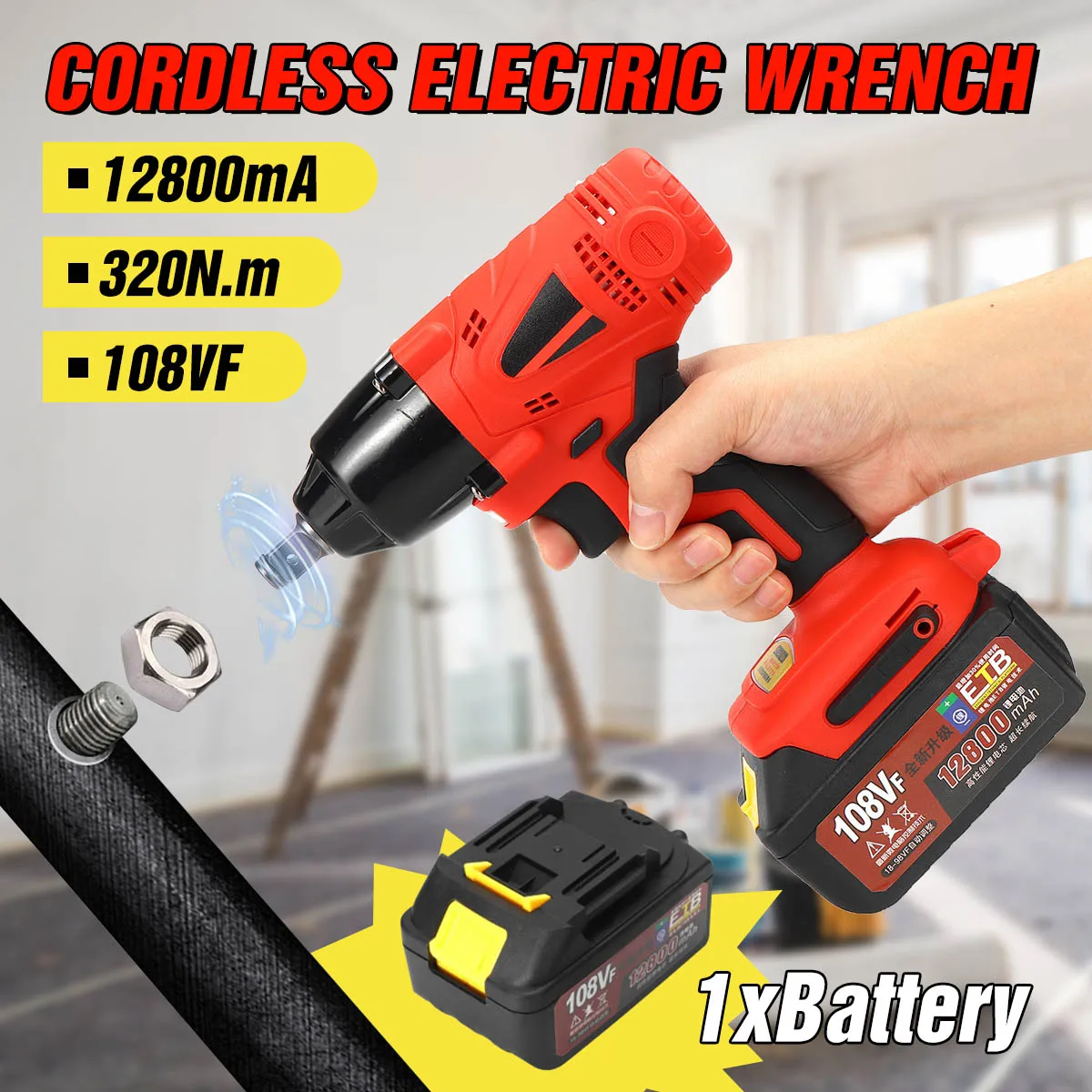 

108VF 12800Ah Li-ion Electric Impact Wrench Guns 320Nm High Torque Impact Wrench Cordless 1/2 Batteries 1 Charger Power Tool