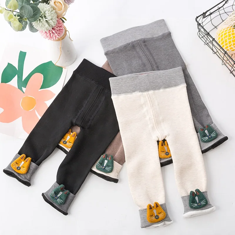 Леггинсы для девочек, хлопковые плотные бархатные штаны для маленьких девочек с милым рисунком котенка, Осень-зима