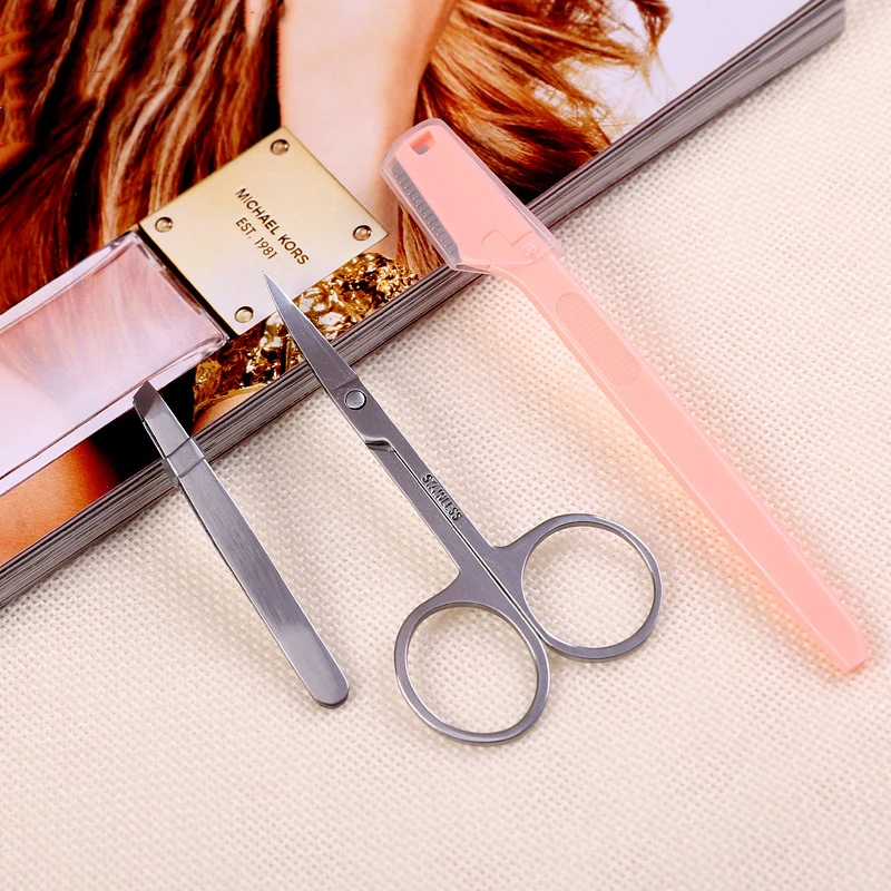 Высококачественный Женский нож для бровей+ пинцет для бровей, ножницы для бровей, косметический нож для бровей, набор(случайный цвет