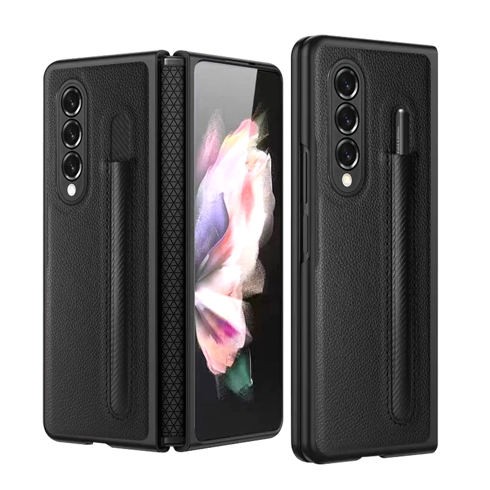 Leather Lychee Pattern With Pen Holde Cover For Samsung Galaxy Z Fold 3 5G Case TPU+PC Shockproof Phone Case Coque Funda No Pen galaxy flip3 case