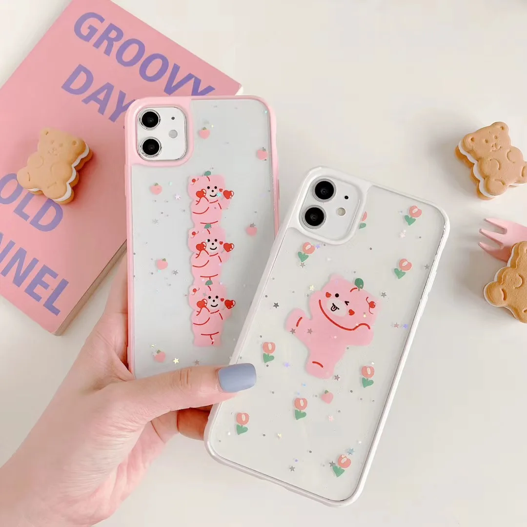 Милый чехол с мультяшным медведем для IPhone 11 Pro XS Max блестящий прозрачный