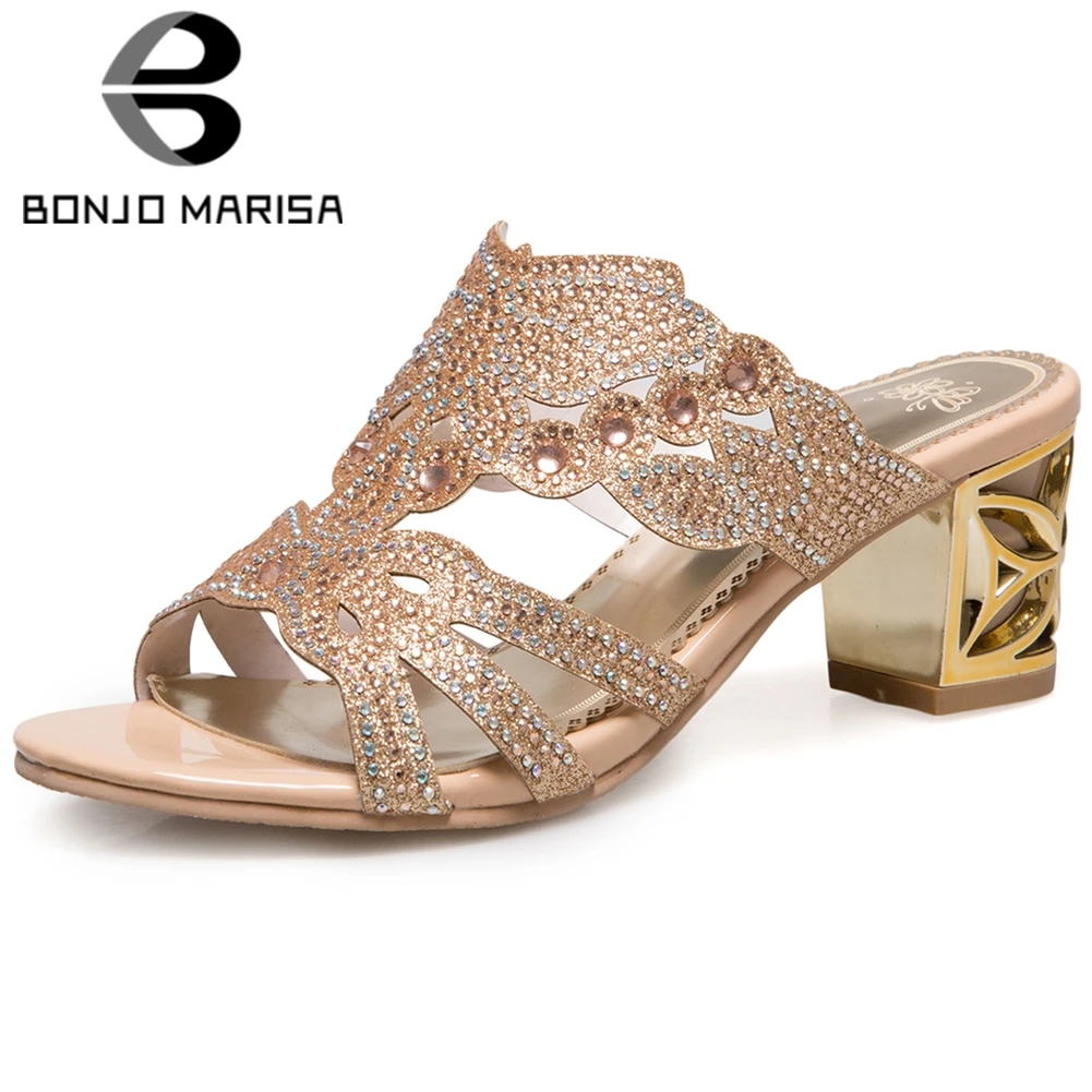

BONJOMARISA Classic Ladies Fashion Crystal Mules Elegant Summer Peep Toe Pumps Women Summer Casual High Chunky Heels Shoes Woman