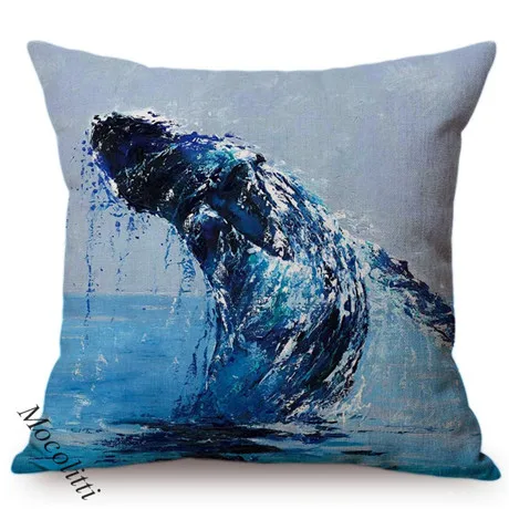 Blue Whale Style Ocean Animal Cushion Cover Water Color Painted Girls and Whale Dolphin Fairy Tales Decoration Sofa Pillow Cover 0097-13