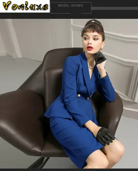 

Women Suits 2 Piece Sets Office Lady Business Formal Work Wear Ruffle Slim Bodycon Elegant Long Sleeve Knee Length Dress