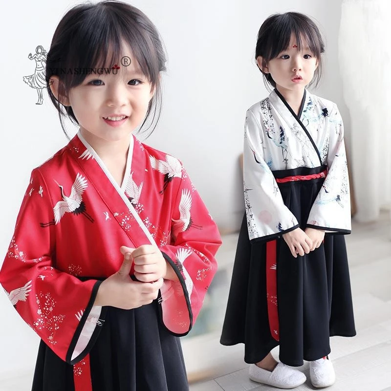 Little Girl Baby Crane Print Robe Set Japanese Girl Dress Kimono Costume Child Floral Embroidery Tops Skirt Kids Yukata Clothes japanese kimono