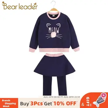 

Bear Leader Teenagers Girls Autumn Long Sleeve Casual Outfits Cartoon Pattern Print T-Shirt + Solid Pants with Skirt Girls Suits