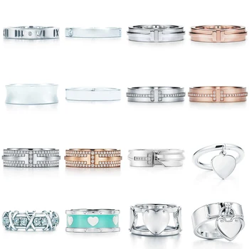 

NEW 100% 925 Sterling Silver Blue Heart Classic Letter Logo Zircon TIF Ring Color Rose Gold Women Original Fashion Jewelry Gift