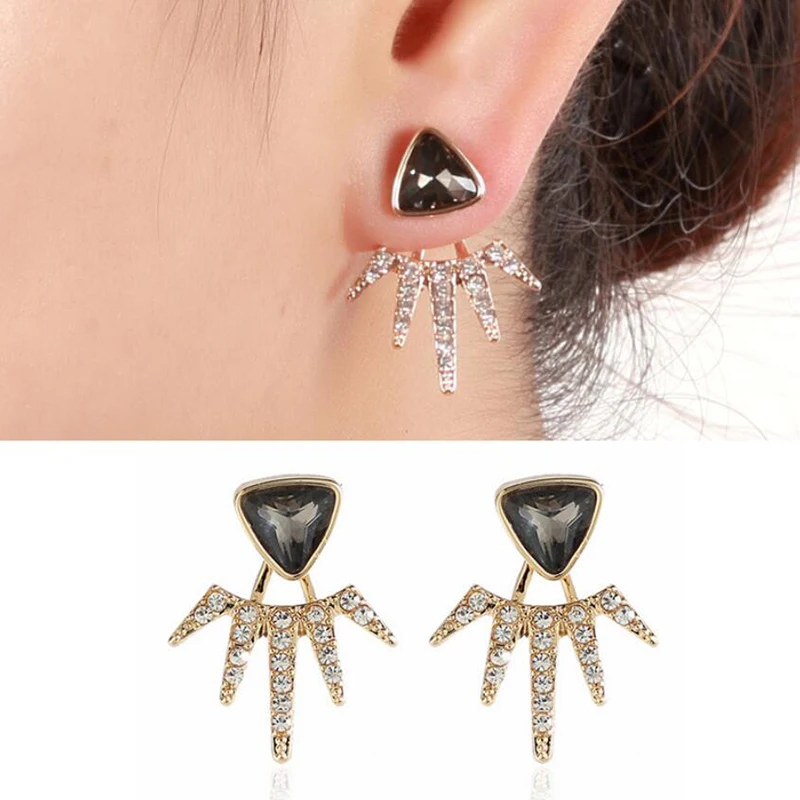 Jisensp Delicate Crystal Geometric Ear Jackets Fashion Jewelry for Women Girls Unique Design Triangle Stud Earrings Party Gift