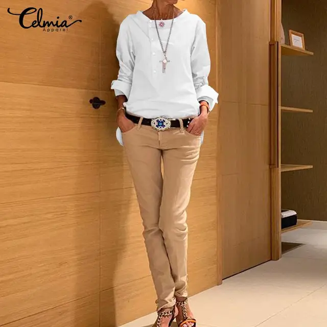 5XL Fashion Shirt 2020 Autumn Long Sleeve Buttons Casual Blouses Celmia Women's Tunic Tops Casual Loose Solid Blusas Femininas 7 2