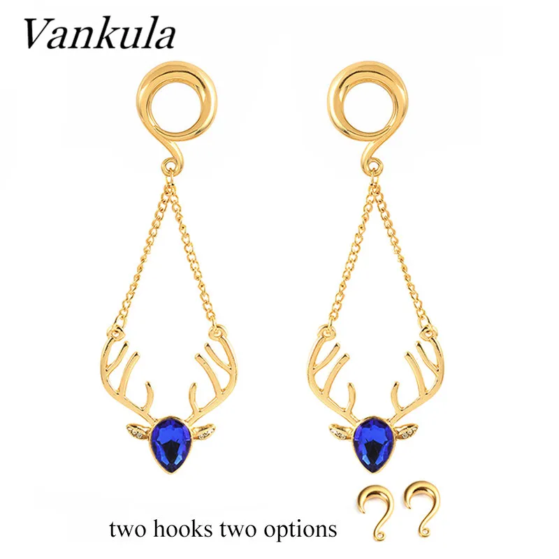 Vankula 2pcs Gold 316L Stainless Steel Dangle Tunnel Piercing Ear Gauged Plugs New Style Antlers Shape Expander Hangers Hooks | Украшения и