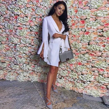 

High Quality Deep V Neck Blazer Dress Fashion White Full Flare Sleeve Long Sleeve Party Runway Casual Women Mini Suits Dress