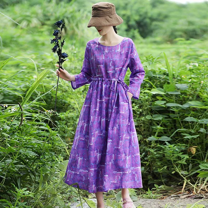 Autumn The New Ramie dress elegant prairie Chic printing O-neck Loose purple women's A-line dress M-2XL