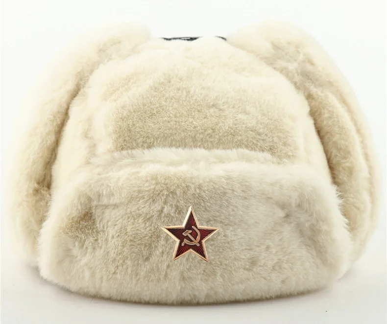 CAMOLAND Women Soviet Badge Russian Ushanka Pilot Bomber Hat Mens Faux Fur Army Military Winter Trapper  Earflap Snow Caps waterproof bomber hat