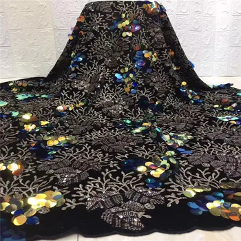 

Sequined African Black Lace Fabric Nigerian Evening Dresses Sewing Fabrics 2019 velvet High Quality Sequins Mesh For Wedding