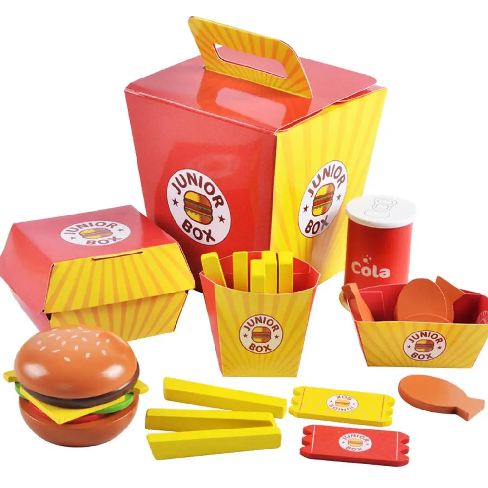

Kids Simulation Pretend Hamburger Toy Wooden Hamburger Fries Fast Food Model Set Kids Pretend Play Toy