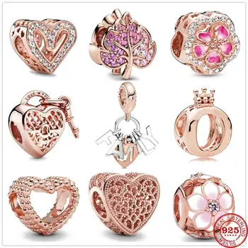 

New Original 925 Sterling Silver Sparkling Freehand Heart Bead Charms Rose Gold Fit Pandora charm Bracelets Women DIY Jewelry