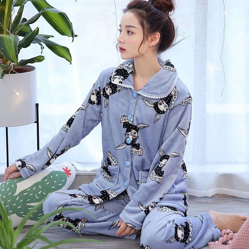 Women Pajamas Set Spring Autumn New Warm Cartoon Printed Long Sleeve Cute Sleepwear Casual Homewear Female Pyjamas