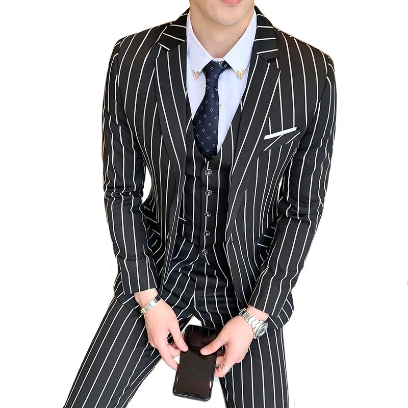 

Men's suit three-piece suit (blazer + vest + pants) business British vertical stripes slim high-quality fashion banquet suits