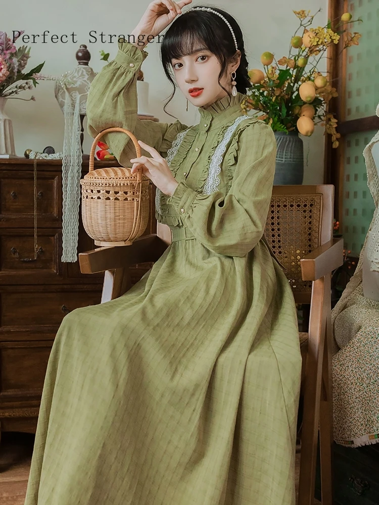 2021 Autumn Winter New Arrival High Quality Retro Stand Collar Ruffles Long Sleeve Hot Sale Women Cotton Dress | Женская одежда