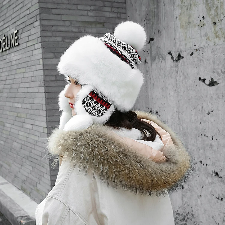 Новинка, зимняя плотная теплая шапка принцессы, женская вязаная шапка с помпоном из искусственного кроличьего меха, шапка-ушанка для русской зимы, шапка-ушанка для снежной погоды