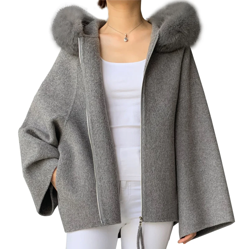 Элегантное женское кашемировое пальто, Весенняя однотонная женская верхняя одежда, короткий стиль, натуральный мех, с капюшоном, шерстяное пальто