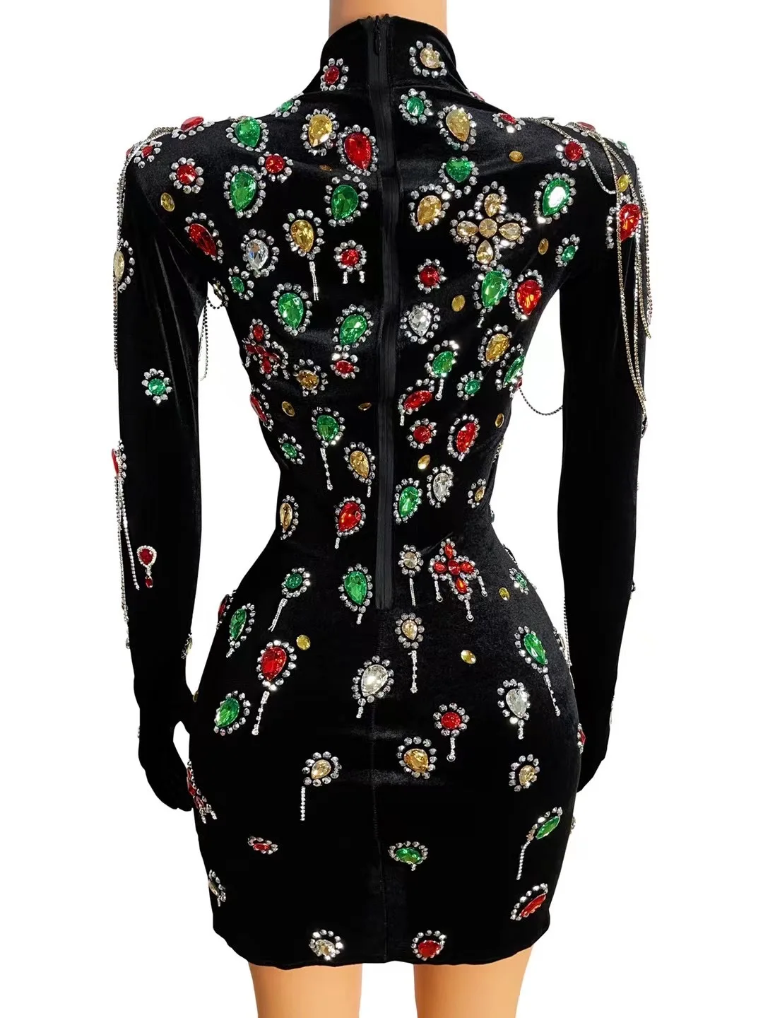 New Design Colorful Crystals Turtleneck Black Velvet Dress Evening Sexy Chains Dance Costume Birthday Gloves Sleeves Dress