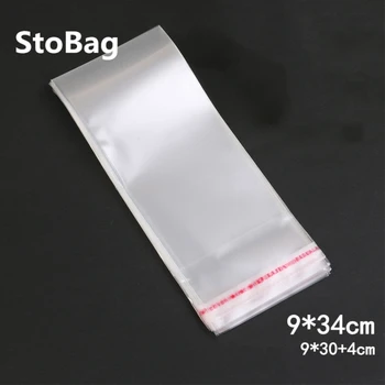 

StoBag 500pcs 9*34cm Transparent Gift Bag DIY Candy Jewelry Packing Bag Self Adhesive Plastic Bag Cellophane Food Bag Kitchen