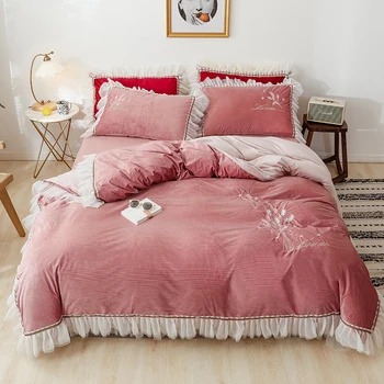 

Luxury Princess Girls Bedding Set Winter Warm Velvet Fleece White Lace Embroidery Duvet Cover Bed Linen Fitted Sheet Pillowcases