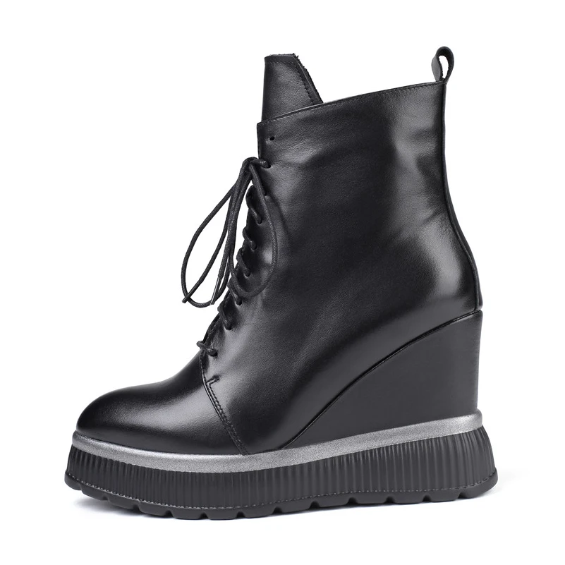 ANNYMOLI Winter Ankle Boots Women Natural Genuine Leather Platform Wedge Heel Short Boots Zipper Super High Heel Shoes Lady 4-10