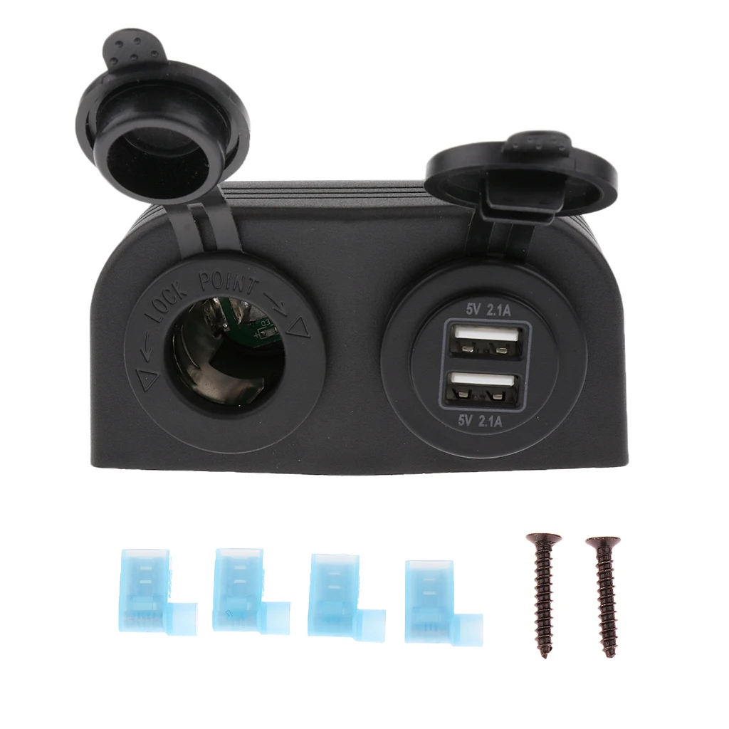 Boat Car 12V Plug Power Outlet Dual USB Charger Socket Mount Marine+wires